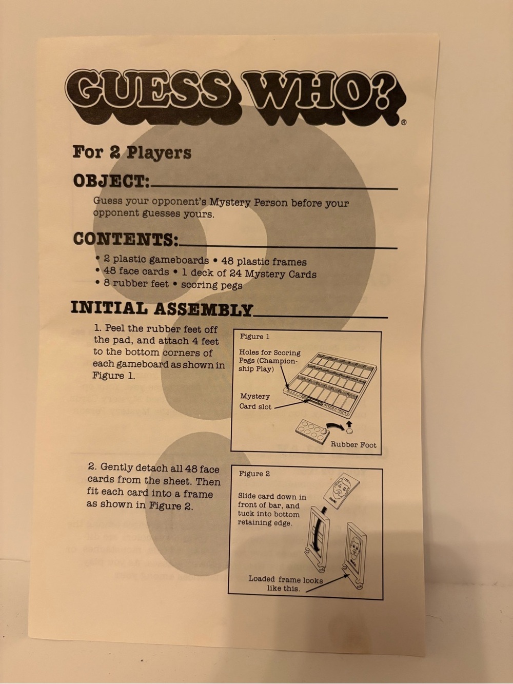 1987, GUESS WHO board game instruction.